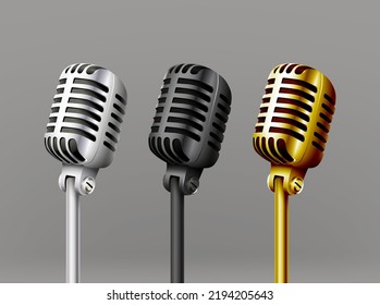 3d realistic vector icon. Set of music microphones, vintage old style in silver, black and gold. Isolated on white background.