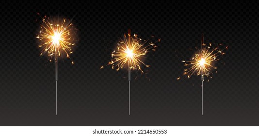 3d realistic vector icon set. Celebration candles, sparkles. Bengal fire sticks. Isolated.