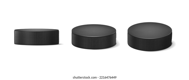 3d realistisches Vektorsymbol. Set von Hockeypuck einzeln auf weißem Hintergrund, wenn Vorderseite, Seite und Draufsicht. Sport, Turnierdesign Element für Banner.