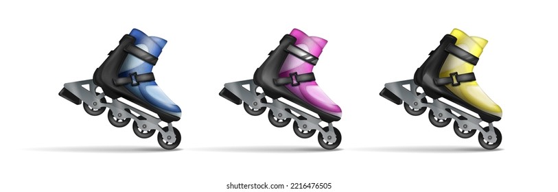 Icono vectorial 3d realista. Conjunto de patines de rodillos coloridos aislados sobre fondo blanco. 