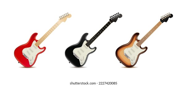 3d conjunto de iconos vectoriales realistas de guitarras eléctricas. Aislado sobre fondo blanco.