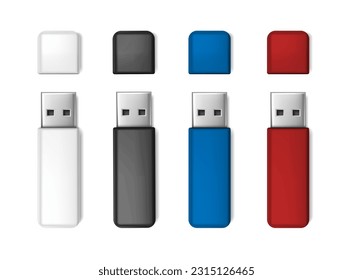 3d conjunto de iconos vectoriales realistas. La unidad flash usb blanco, azul, rojo y negro se burla.