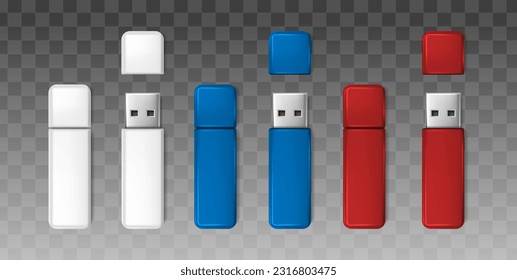 3d realistic vector icon set. White, blue, red usb flash drive mock up.