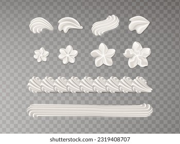 3d realistic vector icon set. Baker cream. Collection of whip cream piping frame patterns. 