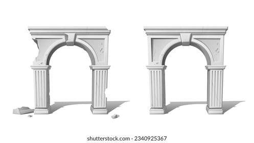 3d realistic vector icon set. White antique greek archs whole and broken.