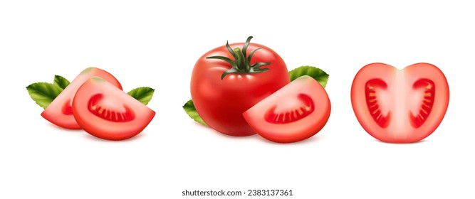 3d conjunto de iconos vectoriales realistas. Tomate rojo entero, cortado y rebanado de tomate fresco.