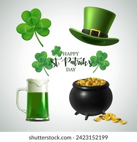 3d conjunto de iconos vectoriales realistas. Iconos del Día de San Patricio, rocas de champán, cerveza verde, caldero con monedas de oro, sombrero leprechaun.