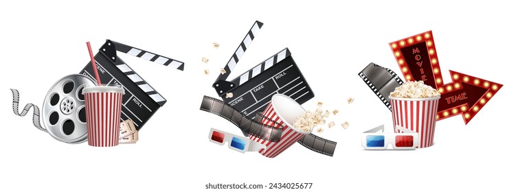 3d realistic vector icon set. Cinema concept. Movie time with popcorn, tape, 3d glasses, clapperboard. Isolated. 