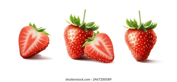 3d realistic vector icon. set of red strawberries, half of strawberry, whole strawberry. Isolated on white background.