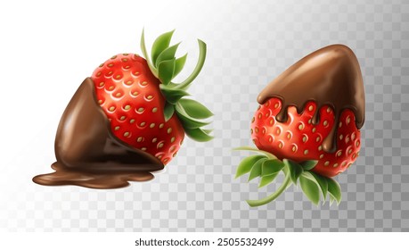 3d realistic vector icon set illustration. Strawberry covered in chocolate. Chocolate fondue liqui.