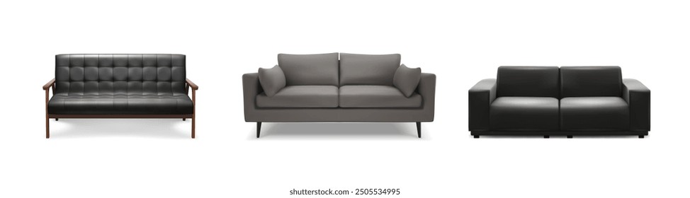 3d realistic vector icon set illustrations. Leather sofas in black and gray color.  gray sofa, couch on a white background.