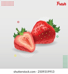 3D realistisches Vektorsymbol. Satz roter Erdbeeren, halbe Erdbeere, ganze Erdbeere. Einzeln auf weißem Hintergrund.