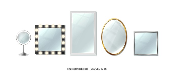 3d realistic vector icon set. Collection of different shepes of mirror, round, square and rectangular.