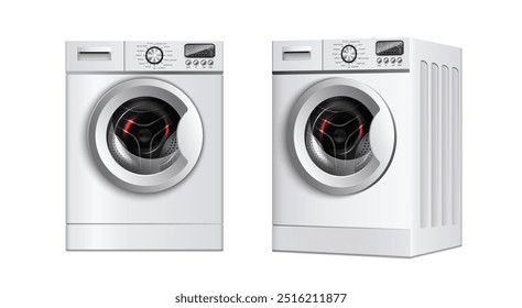 3d realistic vector icon set. White washing machine in front and side view. Washing clothes, laundry.