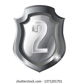 3d realistic vector icon silver shield, winner number two.