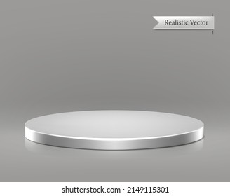 3d realistic vector icon. Silver shiny podium stand for ad. Isolated on white background.