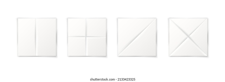 3d realistic vector icon. Square white paper pages wrinkled in side and diagonal. Paper with creases.