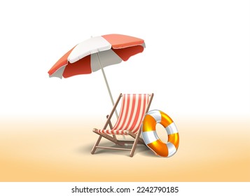 3d realistic vector icon of sunbed with umbrella on the sand.