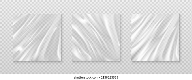 3d Realistic Vector Icon. Three Set Of Film Polyethylene On Transparent Background. Transparent Plastic Film In Square.