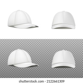 3d realistic vector icon. White sport cap in front and side view. Mockup baseball cap. 