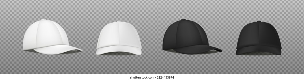 3d realistic vector icon. White and black sport cap in front and side view. Mockup baseball cap. 