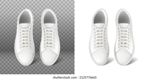 3d realistic vector icon. White running sneakers with lace. Sport shoes. Isolated on white and transparent background.