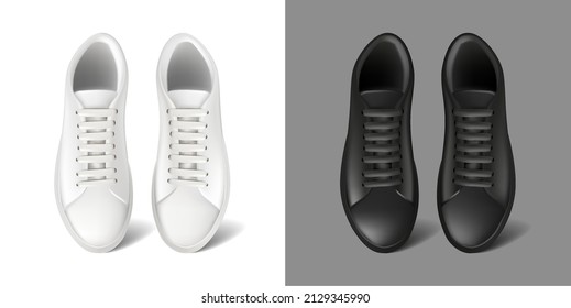 Icono vectorial 3d realista. Sneakers de carreras blancas y negras con encaje. Zapatos deportivos. 