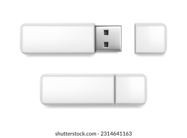3d realistic vector icon. White  USB flash drive. Isolated on white background.