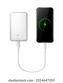3d realistic vector icon. White power bank charging smartphone with charging green indicator. 
