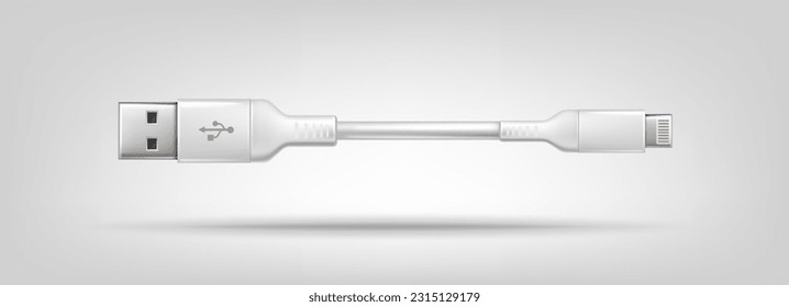 3d realistic vector icon. White usb cabel charger. 