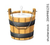 3d realistic vector icon. Wooden rustic bucket. Milk. Natural yogurt. isolated on white background.