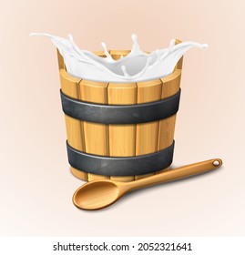 3d realistic vector icon. Wooden rustic bucket. Milk splash. Natural yogurt. Wooden spoon.