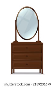 3d Realistic Vector Icon. Wooden Brown Dresser With Oval Mirror And Drawers. Isolated On White Background.