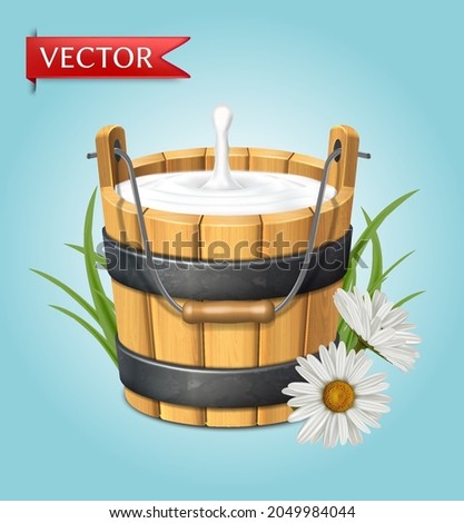 3d realistic vector icon. Wooden rustic bucket. Milk splash. Green grass and chamomile. Natural yogurt. isolated on white background.