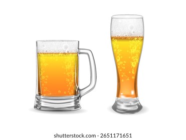 Icono de Vector realista 3d-ilustración. Taza de cerveza y vaso con espuma. Bebida amarilla en una taza de cristal aislada en un fondo blanco con una sombra.