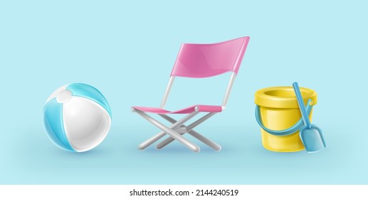 3d realistic vector icons. Summer set of chair, sand yellow plastic bucket with  spade.