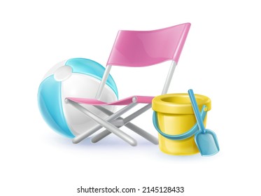 3d realistic vector icons. Summer set of chair, sand yellow plastic bucket with  spade isolated on white background.