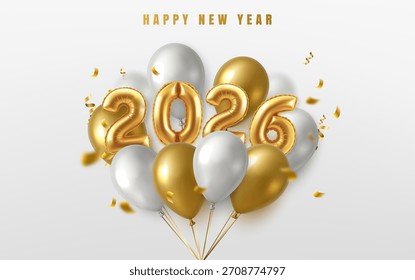 Ilustración vectorial realista en 3D. 2026 Feliz año nuevo y feliz Anuncio de celebración de Navidad con números dorados y globos dorados y blancos con confeti.
