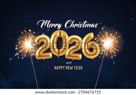 3d realistic vector illustration. 2026 new year and Christmas celebration banner with sparkly fireworks sticks and golden ballon numbers 2026 on dark background.