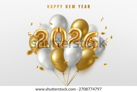3d realistic vector illustration. 2026 happy new year and merry christmas celebration banner with golden numbers and golden and white balloons with confetti.