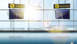 3d Realistic Vector Illustration Of Airport With Planes In The Window And Flights Schedule Screens Of Departure And Landing.