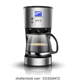 3d realistic vector illustration of American drip coffee machine. Isolated icon of coffee maker for filter coffee on white background.