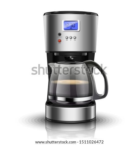 3d realistic vector illustration of American drip coffee machine. Isolated icon of coffee maker for filter coffee on white background.