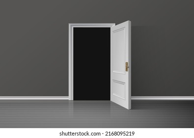 3d realistic vector illustration background. Open white wooden door with darkness inside the room.