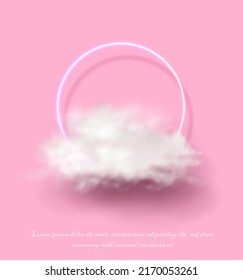 3d pancarta de ilustración vectorial realista. Fondo rosa con círculo neón y nube blanca.