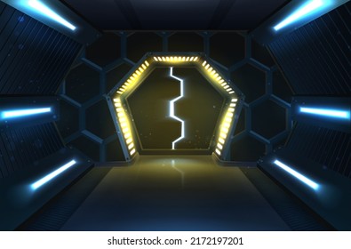 3d realistic vector illustration banner. Sci-fi sliding spaceship metal doors with neon lightning. 