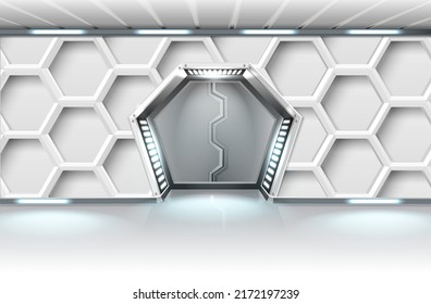 3d realistic vector illustration banner. White sci-fi sliding spaceship metal hexagonal doors with lightning. 