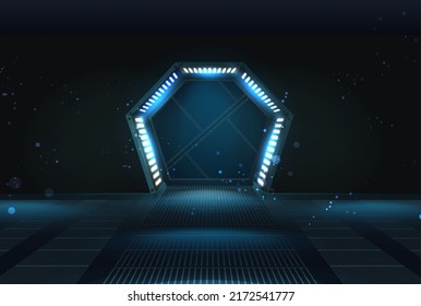 3d realistic vector illustration banner. Hexagonal sliding doors. Sci-fi background. spaceship.