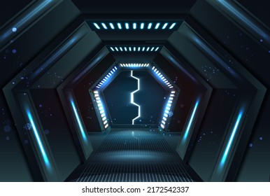 3d realistic vector illustration banner. Sliding hexagonal opening doors with neon lights and corridor. 