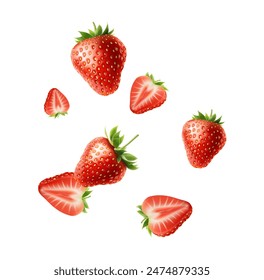 3d realistic vector illustration banner. Falling red strawberries. Isolated on white background.